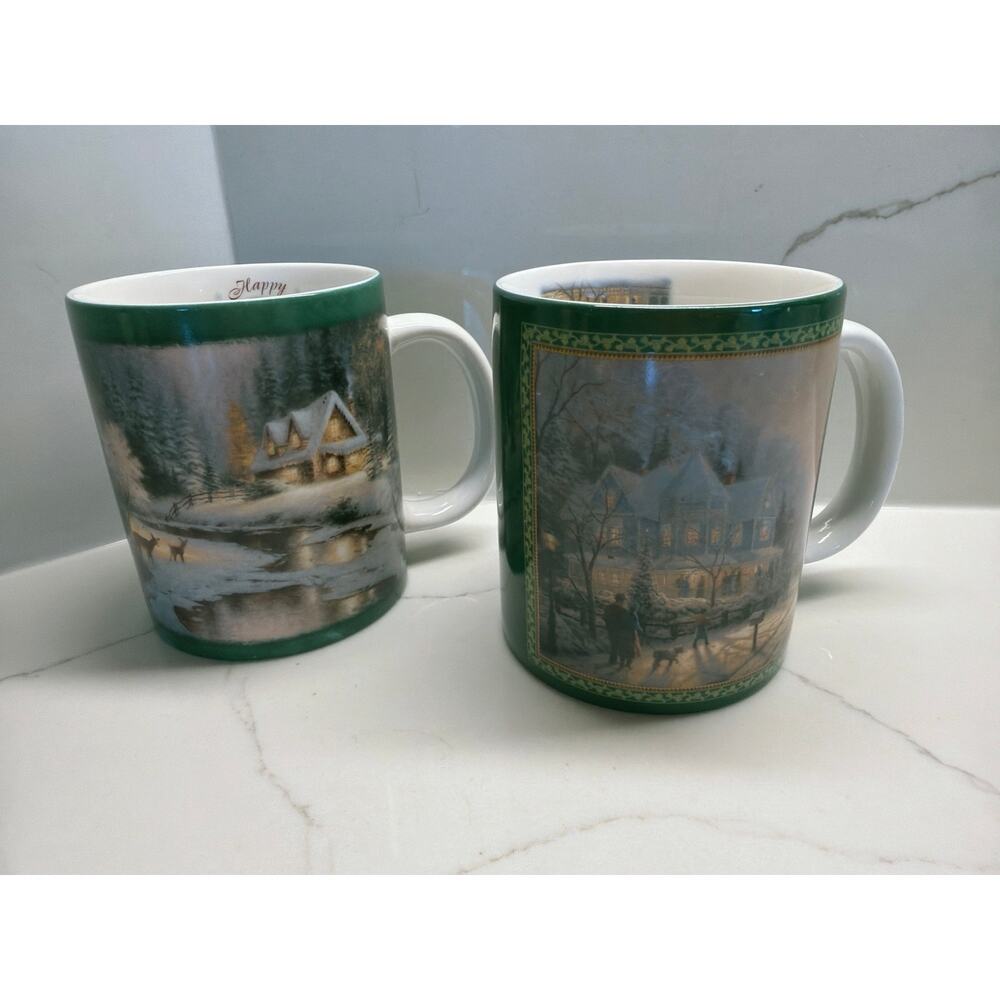 Pair Ceramic Thomas Kinkade AMCAL Mugs Nostalgic Winter Scenes Painter of Light